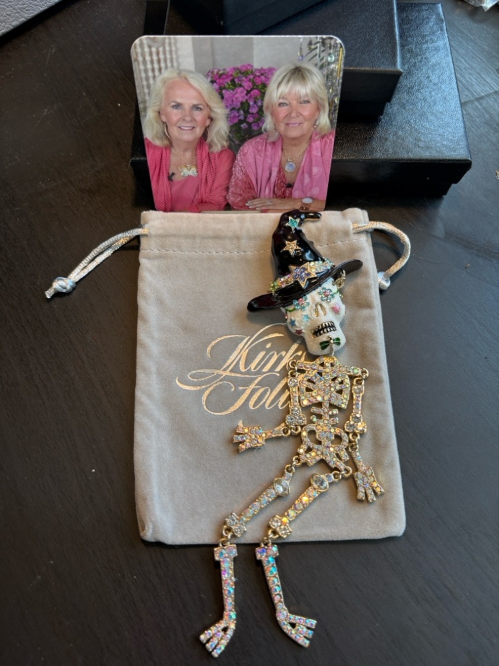 Kirks Folly Black Enamel Witch Hat Skeleton Brooch with Iridescent Crystals